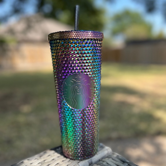 Starbucks Black PVD Metallic Oil Slick Rainbow Bling Venti Studded Cup - Picture 1 of 3